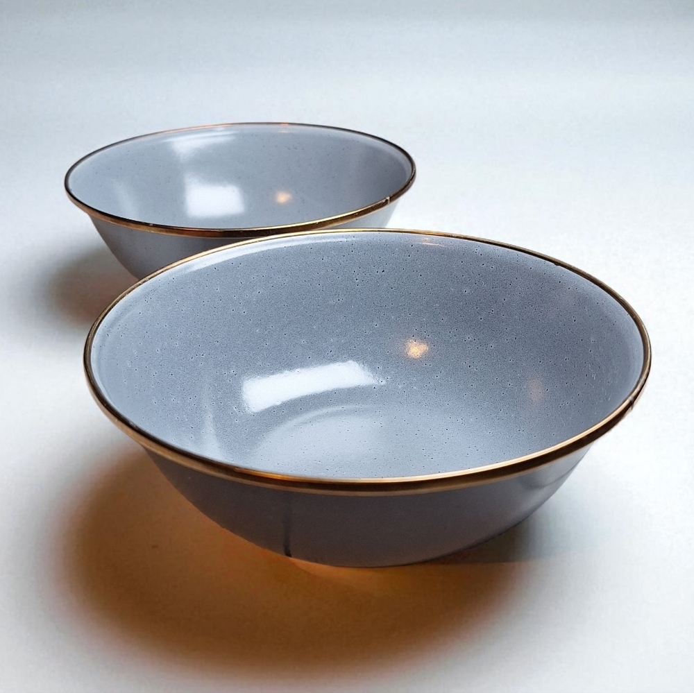 Set Of 2 Barebones Gray Enamel Cereal Chili Bowls 6.75" Speckled Enamel Ware